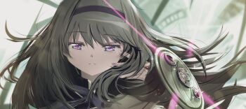 1girl akemi_homura black_hair closed_mouth commentary hairband hand_on_own_face highres long_hair magical_girl mahou_shoujo_madoka_magica portrait purple_eyes sengoku_chidori solo symbol-only_commentary