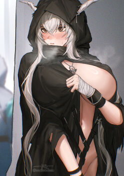 1girl arknights bandaged_hand bandages bead_necklace beads black_cloak blush braid breasts breath brown_eyes cloak commentary covering_chest covering_privates cowboy_shot cross-laced_hairband demon_horns double-parted_bangs exhibitionism gradient_hair hair_between_eyes half_up_braid heavy_breathing highres hood hooded_cloak horns horns_through_hood huge_breasts jewelry linea_alba long_hair messy_hair multicolored_hair naked_cloak navel necklace people public_indecency sadiwosan shining_(arknights) shiny_skin signature small_sweatdrop steaming_body twitter_username white_horns