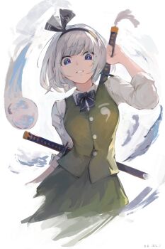Rule 34 | 1girl, absurdres, artist name, black bow, black bowtie, black hairband, blue eyes, bob cut, bow, bowtie, breasts, clenched teeth, collared shirt, commentary request, cropped torso, dated, green skirt, green vest, grey hair, hairband, highres, holding, holding sword, holding weapon, konpaku youmu, konpaku youmu (ghost), looking at viewer, medium breasts, sashimi oniku, sheath, sheathed, shirt, short hair, skirt, solo, sword, teeth, touhou, vest, wakizashi, weapon, white background, white shirt