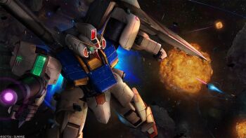 absurdres asteroid battle beam_rifle debris energy_gun explosion glowing gundam gundam_battle_operation_2 gundam_mk_iv gundam_msv highres machinery mecha mecha_focus mobile_suit nebula no_humans official_art painting_(medium) realistic robot scan science_fiction sd_gundam_g-generation space star_(sky) sunrise_(company) tenjin_hidetaka thrusters traditional_media v-fin weapon
