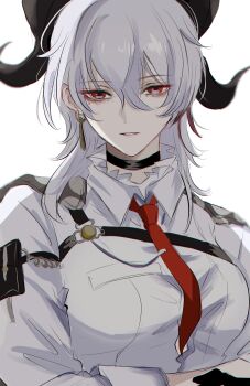 1girl absurdres arm_pouch armband black_armband black_choker black_horns breasts button_gap chest_harness choker crossed_arms curled_horns earrings harness highres horns jacket jacket_on_shoulders jewelry key_earrings large_breasts looking_at_viewer medium_hair mole mole_under_eye necktie parted_lips pouch red_eyes red_necktie solo tight_clothes twitter_username white_background white_hair wu_yuuri wuthering_waves zani_(wuthering_waves)