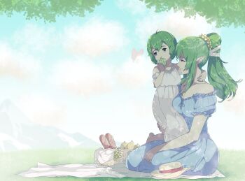 2girls apple bare_shoulders bread bug butterfly closed_eyes commentary dress eating english_commentary fire_emblem fire_emblem_awakening food fruit grapes green_apple green_eyes green_hair hat highres insect female_morgan_(fire_emblem) mother_and_daughter multiple_girls nintendo outdoors pear picnic pointy_ears r3dfive revision sitting sitting_on_person sky smile tiki_(adult)_(fire_emblem) tiki_(fire_emblem) tree unworn_hat unworn_headwear