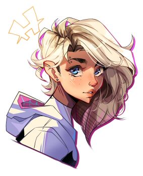 1girl asymmetrical_hair blonde_hair blue_eyes bodysuit cropped_torso earrings eyebrow_piercing face_piercing freckles gwen_stacy highres hood hood_down hooded_bodysuit jewelry marvel medium_hair parted_bangs parted_lips piercing pimozzarella portrait solo spider-gwen spider-man:_into_the_spider-verse spider-man_(series) spider-verse stud_earrings superhero_costume swept_bangs white_background