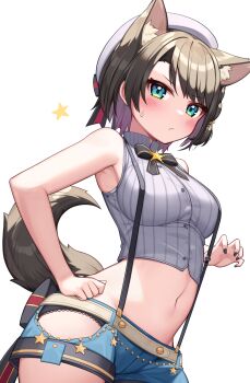 1girl animal_ear_fluff animal_ears black_hair blue_eyes blush breasts deaver hair_ornament hat highres hololive large_breasts looking_at_viewer navel oozora_subaru oozora_subaru_(suspenders) shirt short_hair short_shorts shorts simple_background solo striped_clothes striped_shirt tail vertical-striped_clothes vertical-striped_shirt virtual_youtuber white_background wolf_ears wolf_girl wolf_tail