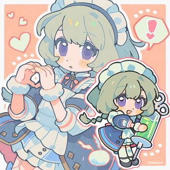 ! 1girl :o apron black_dress black_shoes blue_skirt blush_stickers border bow bowtie braid brooch chibi collared_dress commentary cowboy_shot dot_nose dotted_line dress english_commentary eyelashes frilled_apron frilled_skirt frills fur_cuffs green_hair hair_between_eyes happy heart heart_hands holding holding_syringe jen_(aaasylum) jewelry layered_sleeves long_hair long_sleeves low_twin_braids maid maid_headdress mary_janes miniskirt multiple_views open_mouth orange_background original outline outside_border oversized_object parted_lips puffy_short_sleeves puffy_sleeves purple_eyes red_bow red_bowtie ribbed_thighhighs shoes short_over_long_sleeves short_sleeves skirt skirt_under_dress smile spoken_exclamation_mark syringe thighhighs three-quarter_sleeves twin_braids twitter_username two-tone_skirt white_apron white_border white_outline white_skirt white_thighhighs white_wrist_cuffs wrist_cuffs