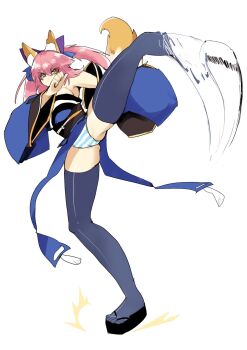 animal_ears blue_kimono breasts fate/extra fate_(series) fox_ears fox_tail geta japanese_clothes kicking kimono large_breasts panties pink_hair striped_clothes striped_panties tail tamamo_(fate) tamamo_no_mae_(fate) thighhighs underwear yellow_eyes
