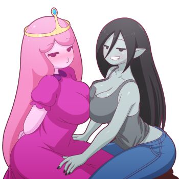 2girls adventure_time animification arms_behind_back black_hair black_nails blush breast_press breasts cleavage colored_skin denim dress fang grey_skin grey_tank_top hand_on_another&#039;s_leg jeans large_breasts long_hair marceline_abadeer mike_inel multiple_girls o3o pants pink_dress pink_hair pink_skin pointy_ears princess_bonnibel_bubblegum smile symmetrical_docking tank_top tiara transparent_background vampire very_long_hair yuri