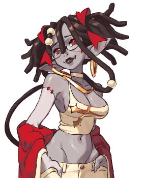 Rule 34 | 1girl, black-framed eyewear, black hair, black lips, borrowed character, breasts, cleavage, colored skin, crop top, dark skin, dreadlocks, earrings, fangs, fangs out, glasses, gold earrings, gold necklace, grey skin, hair ribbon, hands in pockets, highres, hoop earrings, jewelry, kinky hair, large breasts, large earrings, lipstick, long pointy ears, looking at viewer, low neckline, lucy (lineshark), makeup, navel, necklace, off shoulder, original, orisghost, pants, pointy ears, red eyes, red ribbon, ribbon, semi-rimless eyewear, smile, solo, stitched arm, stitches, tank top, twintails, under-rim eyewear, upper body, very dark skin, white pants, white tank top