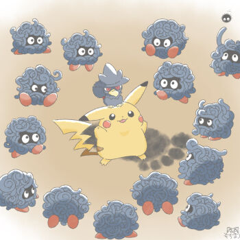 Rule 34 | black eyes, bright pupils, commentary request, footprints, full body, gen 1 pokemon, gen 2 pokemon, grey background, looking at another, mochimaro (infj oekaki), murkrow, nintendo, no humans, on head, open mouth, pikachu, pokemon, pokemon (creature), pokemon on head, red eyes, signature, studio ghibli, susuwatari, tangela, white pupils