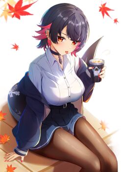 1girl alternate_breast_size_(larger) belted_skirt black_hair blue_jacket blue_skirt breasts brown_pantyhose colored_inner_hair commentary_request drink earclip ellen_joe ellen_joe_(on_campus) fingernails fins fish_tail gao_kawa highres holding holding_drink jacket large_breasts leaf looking_at_viewer maple_leaf mole mole_under_eye multicolored_hair official_alternate_costume outdoors pantyhose pendant_choker razor_blade_hair_ornament red_eyes red_nails scar scar_on_tail shark_girl shark_tail shirt short_hair sitting skirt solo steam tail tongue tongue_out white_background white_shirt zenless_zone_zero