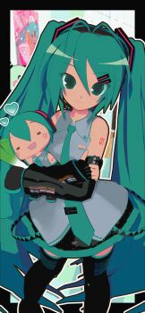 1girl 3d absurdres animasa_model_(mikumikudance) antenna_hair aqua_eyes aqua_hair black_border black_skirt black_sleeves border character_doll doll food grey_shirt hachune_miku hair_between_eyes hair_ornament hatsune_miku headset highres holding holding_food holding_spring_onion holding_vegetable indoors kio_(majin_kz) long_hair looking_at_viewer m@gical_cure!_love_shot!_(vocaloid) mikumikudance_(medium) number_tattoo shirt skirt sleeveless sleeveless_shirt smile solo spring_onion standing tattoo thighhighs twintails variant_set vegetable vocaloid
