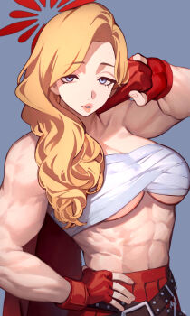 1girl abs absurdres akemi_(blue_archive) blonde_hair blue_archive blue_eyes breasts chest_sarashi commentary_request fingerless_gloves gloves grey_background halo hand_on_own_hip highres large_breasts long_hair looking_at_viewer mole mole_under_eye muscular muscular_female navel parted_lips red_gloves red_halo revision sarashi simple_background solo ubo_(ubo_tales) underboob