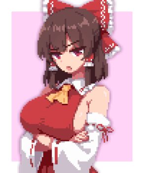 1girl arms_under_breasts ascot bow breasts brown_hair commentary crossed_arms detached_sleeves frilled_bow frilled_hair_tubes frills hair_bow hair_tubes hakurei_reimu large_breasts long_hair moonfielddot pixel_art red_bow red_eyes ribbon-trimmed_sleeves ribbon_trim sideboob solo touhou yellow_ascot