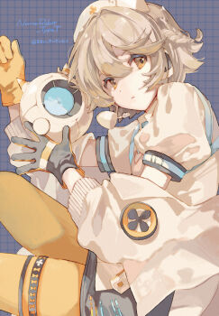 1girl black_gloves blonde_hair expressionless fuyuki_eru gloves grid_background hair_between_eyes hashtag-only_commentary hat highres jacket jacket_partially_removed looking_at_viewer non-humanoid_robot nurse nurse_cap nurse_robot_type_t nurse_robot_type_t_(vocaloid6) orange_eyes pantyhose puffy_short_sleeves puffy_sleeves robot short_hair short_sleeves simple_background solo twitter_username utau vocaloid yellow_pantyhose