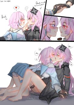 2girls absurdres barefoot black_dress black_gloves blue_eyes blue_skirt blush closed_eyes closed_mouth commentary dress dual_persona english_commentary evernight_(honkai:_star_rail) eye_contact french_kiss gloves hakukiee highres holding_hands honkai:_star_rail honkai_(series) interlocked_fingers kiss long_hair looking_at_another march_7th_(honkai:_star_rail) multiple_girls parted_lips pink_hair red_eyes selfcest shirt skirt smile thigh_strap white_shirt yuri