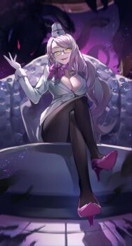 1girl absurdres breasts cleavage commentary_request couch crossed_legs darkness fate/grand_order fate_(series) full_body glasses hat high_heels highres kansya koyanskaya_(fate) koyanskaya_(foreigner)_(first_ascension)_(fate) large_breasts long_hair pantyhose pink_hair sitting yellow_eyes