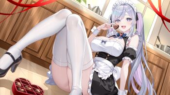 Rule 34 | 1girl, aoi sui, apron, black dress, black shoes, blue bow, bow, box, box of chocolates, breasts, candy, chocolate, chocolate heart, collarbone, detached sleeves, dress, food, grey hair, hand up, heart, heart-shaped box, heart-shaped food, high heels, highres, indie virtual youtuber, knees up, large breasts, long hair, looking at viewer, maid, maid apron, maid headdress, multicolored hair, open mouth, purple hair, second-party source, shoes, short sleeves, sitting, smile, solo, sunamama4788, teeth, thighhighs, twintails, two-tone hair, upper teeth only, very long hair, virtual youtuber, white apron, white thighhighs, white wrist cuffs, wrist cuffs
