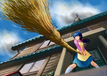 1girl analog_clock apartment apron blue_hair bow broom building bush clock cloud cloudy_sky collared_shirt commentary_request doghouse hair_bow holding holding_broom looking_up maison_ikkoku miz_mus otonashi_kyouko print_apron shirt sky sunrise_stance window wooden_wall