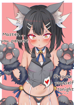 1girl absurdres anger_vein animal_ears animal_hands bare_shoulders bell black_hair blue_ribbon blush breasts brown_eyes cat_ears cat_tail doroogaki fate/kaleid_liner_prisma_illya fate_(series) feather_hair_ornament feathers gloves grey_gloves grey_vest hair_ornament hairclip highres jingle_bell loli long_hair looking_at_viewer miyu_edelfelt miyu_edelfelt_(beast_style) navel paw_gloves paw_shoes ribbon sidelocks small_breasts solo tail twintails vest