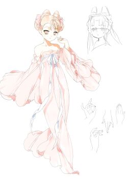 Rule 34 | 1girl, absurdres, bad source, bare shoulders, bow, chinese clothes, cone hair bun, detached sleeves, dress, hair bun, hair rings, hanfu, heziqun, highres, huadian, orange eyes, orange hair, original, ribbon, simple background, smile, white background, wide sleeves, zhaoye mimi