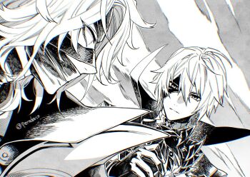 2boys cape closed_mouth commentary_request covered_mouth dainsleif_(genshin_impact) double-parted_bangs genshin_impact greyscale hair_between_eyes half_mask looking_at_another looking_back male_focus mask medium_hair monochrome multiple_boys mystical_high_collar perodorio rerir_(genshin_impact) twitter_username upper_body