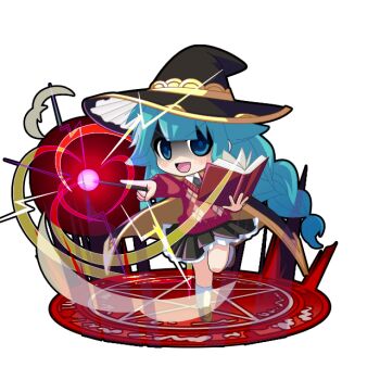1girl :d absurdly_long_hair aqua_hair argyle_clothes argyle_sweater black_cape black_hat black_outline black_skirt blue_eyes blush book braid brown_shoes cape casting_spell chibi chibi_only frilled_skirt frills full_body game_asset grey_necktie hat hatsune_miku hatsune_miku_graphy_collection holding holding_book holding_wand kneehighs long_hair long_sleeves looking_at_viewer magic magic_circle necktie on_magic_circle open_mouth outline pleated_skirt red_sweater shaded_face shirt shirt_under_sweater shoes sidelocks skirt smile socks solo standing standing_on_magic_circle standing_on_one_leg sweater transparent_background twin_braids v-shaped_eyebrows very_long_hair vocaloid wand white_shirt white_socks witch witch_hat