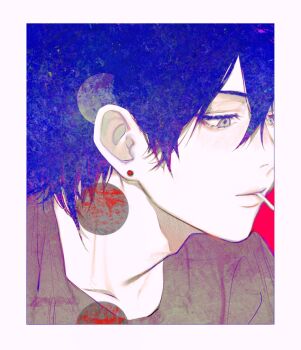 Rule 34 | 1boy, adam's apple, black hair, blue eyes, border, chainsaw man, cigarette, closed mouth, commentary request, earrings, hair between eyes, hayakawa aki, highres, jewelry, male focus, mouth hold, nogawa kalk, portrait, shirt, solo, white border