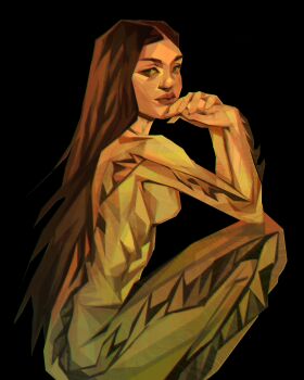 1girl absurdres black_background brown_hair commentary elbows_together expressionless hand_on_own_chin highres long_hair looking_at_viewer mermaid monster_girl nude original own_hands_together painterly simple_background solo symbol-only_commentary tail_raised twulfs very_long_hair yellow_eyes