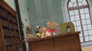 10s 1boy 3girls animal_ears animated animated_gif ass blurry blurry_foreground bookshelf desk diablo_(isekai_maou) dog_ears dutch_angle indoors isekai_maou_to_shoukan_shoujo_no_dorei_majutsu kaneko_shizue multiple_girls panties pelvic_curtain standing sylvie_(isekai_maou) tagme underwear white_panties window