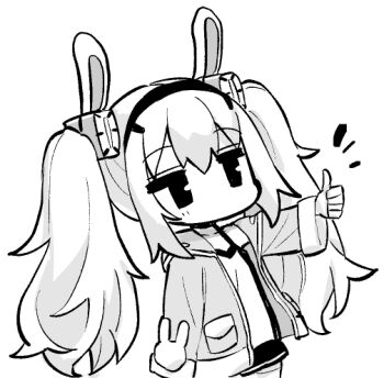Rule 34 | 1girl, animal ears, azur lane, azur lane: slow ahead, chibi, commentary, cowboy shot, fake animal ears, greyscale, hair between eyes, hairband, hori (hori no su), jacket, jitome, laffey (azur lane), long sleeves, miniskirt, monochrome, no mouth, no nose, official art, open clothes, open jacket, pac-man eyes, pocket, rabbit, rabbit ears, shirt, sidelocks, simple background, skirt, solo, thumbs up, twintails, white background