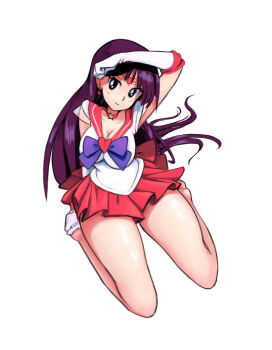 1girl bare_legs bishoujo_senshi_sailor_moon black_eyes breasts cleavage colored_skin female_focus highres hino_rei kneeling large_breasts long_hair looking_at_viewer looking_up purple_hair red_skirt sailor_mars sailor_senshi_uniform shiny_skin simx sitting skirt smile solo thick_thighs thighs white_background white_skin wide_hips