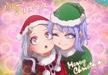 2girls blue_eyes blue_hair boku_no_hero_academia eri_(boku_no_hero_academia) female_focus grey_hair hado_nejire hand_on_another&#039;s_shoulder hat horns kyochakocchis long_hair looking_up merry_christmas multiple_girls one_eye_closed open_mouth red_eyes red_hat santa_costume santa_hat single_horn smile teeth upper_teeth_only