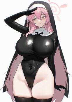 1girl absurdres ammak black_coif black_leotard blue_archive bow braid breasts closed_mouth commentary covered_navel green_eyes groin hair_between_eyes hair_bow halo hanako_(blue_archive) highres huge_breasts justina_follower_(blue_archive) korean_commentary leotard long_hair looking_at_viewer nun pink_hair pink_halo simple_background smile solo thighs white_background white_bow