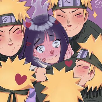 1girl 5boys @_@ black_hair blonde_hair blush boruto:_naruto_next_generations clone clone_harem facial_mark full-face_blush highres hug hyuuga_hinata in-franchise_crossover lipstick_mark male_harem milleraxan multiple_boys naruto_(series) naruto_shippuuden purple_background short_hair signature simple_background solo_focus steam uzumaki_naruto whisker_markings