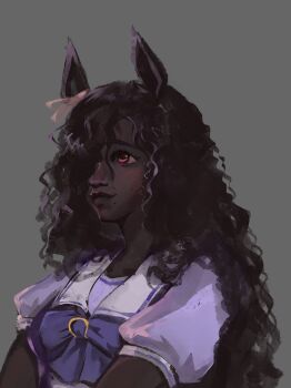 1girl animal_ears black_hair closed_mouth commentary curly_hair dark-skinned_female dark_skin english_commentary friesian_horse_girl grey_background hair_over_one_eye highres horse_ears lazuren light_smile lips long_hair looking_up mole mole_under_mouth original personification purple_shirt red_eyes school_uniform shirt short_sleeves simple_background solo tracen_school_uniform tracen_training_uniform umamusume upper_body very_dark_skin very_long_hair