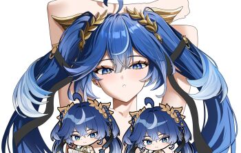 1girl ahoge arms_up blue_eyes blue_hair censored character_censor collarbone commentary highres hiroki-art iuno_(wuthering_waves) laurel_crown long_hair looking_at_viewer multicolored_hair novelty_censor parted_lips solo streaked_hair twintails unfinished upper_body wuthering_waves