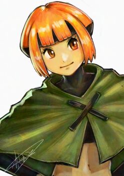 1girl black_hair black_shirt capelet closed_mouth cropped_shirt gardenia_(pokemon) green_capelet kaosu_(kaosu0905) looking_at_viewer multicolored_hair navel nintendo orange_eyes orange_hair pokemon pokemon_dppt shirt short_hair signature smile solo two-tone_hair upper_body white_background