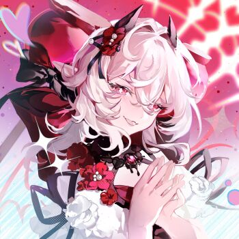 Rule 34 | 1girl, black bow, black bowtie, bow, bowtie, candy apple, candy apple cookie, candy apple hair ornament, cookie run, cookie run: kingdom, dress, food, hair ornament, highres, humanization, looking at viewer, open mouth, puffy sleeves, red eyes, short hair, simple background, smile, white hair, yaojingwangchudi