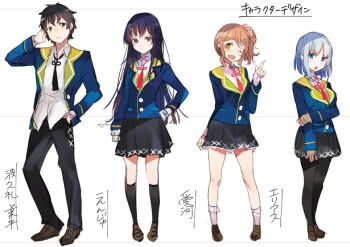 1boy 3girls :o ;d ayameike_aika black_hair black_skirt black_socks blazer blue_eyes brown_hair butsuriteki_ni_koritsu_shiteiru_ore_no_koukou_seikatsu character_name full_body hagure_narihira hand_on_own_hip holding_own_arm jacket kneehighs loafers long_hair looking_at_viewer mika_pikazo miniskirt multiple_girls neck_ribbon official_art one_eye_closed open_mouth pantyhose pleated_skirt pointing pointing_up ponytail purple_eyes reference_work ribbon school_uniform shoes short_hair simple_background skirt smile socks standing takawashi_enju tatsutagawa_elias tsurime very_long_hair white_background white_legwear
