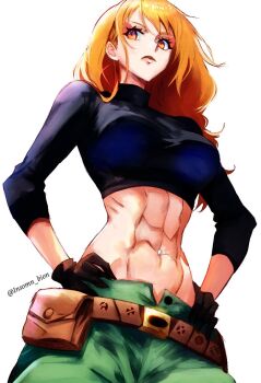 abs artist_name belt belt_buckle bion_(insomn_bion) black_gloves breasts buckle cosplay crop_top crossover gloves green_pants hands_on_own_hips highres kim_possible kim_possible_(cosplay) kim_possible_(series) long_sleeves medium_breasts medium_hair midriff nami_(one_piece) navel one_piece orange_eyes orange_hair pants pouch serious turtleneck unbuttoned unbuttoned_pants white_background