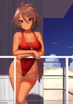 Rule 34 | 1girl, blue sky, braid, brown eyes, brown hair, cloud, commentary request, cowboy shot, dark-skinned female, dark skin, day, highleg, highleg one-piece swimsuit, kuroonehalf, lifeguard, long hair, one-piece swimsuit, original, outdoors, railing, red one-piece swimsuit, single braid, sky, solo, swimsuit, whistle, whistle around neck