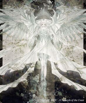 1girl colored_skin commentary copyright_notice crossed_arms final_fantasy final_fantasy_xiv head_down highres hydaelyn long_hair magic:_the_gathering multiple_wings official_art satsuki_kei solo venat_(ff14) white_hair white_skin wings