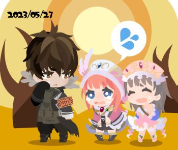 Rule 34 | 01 (zeroichi srl), 1boy, 2girls, atelier (series), atelier totori, blue eyes, brown eyes, brown hair, chibi, chibi only, closed eyes, crying, crying with eyes open, dated, dress, hat, long hair, long sleeves, looking at another, multiple girls, no lineart, open mouth, outdoors, pink dress, pink hat, rorolina frixell, sad, short hair, smile, spoken sweatdrop, standing, sterkenburg cranach, sun, sweatdrop, tears, totooria helmold, tree