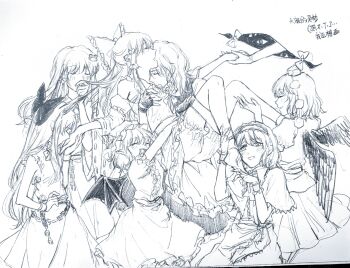 6+girls affectionate_harem aihara-rina alice_margatroid ascot bat_wings bird_wings bloomers blush bow braid broken broken_chain capelet chain chinese_text closed_eyes cuffs detached_sleeves dress fang fingerless_gloves frilled_bow frilled_hair_tubes frilled_hairband frills frog_hair_ornament gap_(touhou) gloves hair_bow hair_ornament hair_tubes hairband hakurei_reimu harem hat hat_ribbon holding_another's_foot holding_hands horns ibuki_suika kirisame_marisa kiss kissing_hand kissing_neck kochiya_sanae lolita_hairband long_hair mob_cap multiple_girls oni open_mouth pom_pom_(clothes) puffy_short_sleeves puffy_sleeves remilia_scarlet ribbon ribbon-trimmed_sleeves ribbon_trim shackles shameimaru_aya shirt short_sleeves side_braid single_braid skirt smelling smelling_hair smile snake_hair_ornament tokin_hat touhou traditional_media underwear wings yakumo_yukari yuri