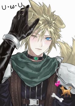 2boys 3_3lecho absurdres animal_ears armor black_gloves black_shirt blue_eyes blush bracer cloud_strife collar crisis_core_final_fantasy_vii dog_boy dog_ears dog_tail emoji emoticon final_fantasy final_fantasy_vii final_fantasy_vii_remake floppy_ears gloves green_eyes green_scarf highres kaomoji long_hair looking_at_viewer male_focus multiple_boys one_eye_closed pauldrons pet_play scarf sephiroth shinra_infantry_uniform shirt short_hair shoulder_armor slit_pupils solo_focus spiked_hair suspenders tail tail_wagging white_background yaoi