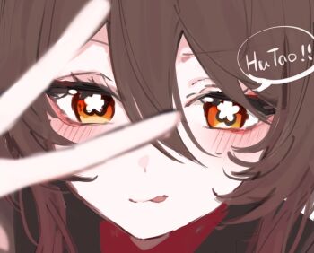 1girl :p blush brown_hair chinese_clothes flower-shaped_pupils genshin_impact hair_between_eyes highres hu_tao_(genshin_impact) long_hair looking_at_viewer magnet_8_8 orange_eyes smile solo symbol-shaped_pupils tongue tongue_out v v_over_eye