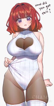 1girl adjusting_clothes adjusting_leotard artist_name bare_arms bare_shoulders bluesky_username bodystocking breasts brown_choker chami_(charming621) choker cleavage_cutout clothing_cutout collarbone commentary covered_collarbone cowboy_shot english_text grey_background groin hair_intakes hand_up heart heart_choker heart_cutout highleg highleg_leotard highres large_breasts leotard long_hair looking_at_viewer original parted_lips purple_eyes raised_eyebrows red_hair ribbed_thighhighs see-through_cleavage see-through_clothes sideboob simple_background skindentation solo standing sweatdrop symbol-only_commentary thighhighs twitter_username white_leotard white_thighhighs