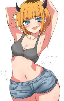 1girl absurdres aqua_eyes arm_behind_head armpits arms_up blonde_hair blunt_bangs blush breasts cleavage collarbone commentary_request curvy demon_horns denim denim_shorts dripping fang flying_sweatdrops grey_sports_bra highres horns looking_at_viewer memcho multicolored_hair navel no_shirt open_mouth oshi_no_ko roots_(hair) short_hair short_shorts shorts sidelocks simple_background skin_fang small_breasts smile solo sports_bra steam steaming_body stomach sweat thighs urishima white_background wide_hips