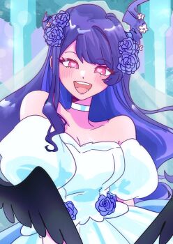 1girl asymmetrical_horns bare_shoulders black_feathers black_wings blue_flower blue_hair blue_rose blush commentary cowboy_shot demon_horns dress english_commentary feathered_wings feathers flower heart heart-shaped_pupils highres hololive hololive_english horns ministarfruit mole mole_under_eye nerissa_ravencroft open_mouth oyomeholic_(nerissa_ravencroft) purple_eyes rose smile solo strapless strapless_dress symbol-shaped_pupils uneven_horns virtual_youtuber wedding_dress white_dress wings