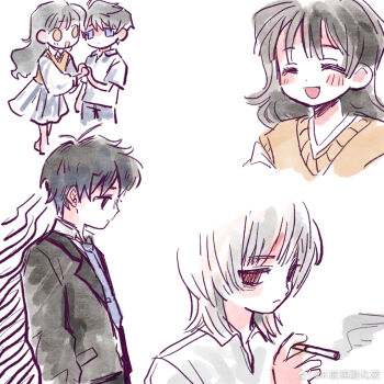 1girl 2boys :d akinashi_haru bags_under_eyes black_hair black_jacket blue_eyes blue_necktie blush cigarette collared_shirt commentary_request dress dress_shirt holding holding_cigarette holding_hands jacket lapels long_dress multiple_boys multiple_views necktie open_mouth polo_shirt red_eyes saihate_eki shirt short_sleeves smile smoking suit_jacket sweater_vest tatsunami_shion tenjiku_aoi watercolor_effect white_dress white_hair white_shirt yellow_eyes yellow_sweater_vest yingtao_zi_liaoli